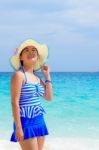 Girl On The Beach At Thailand Stock Photo