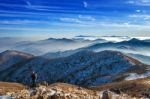 Young Woman Hiker Taking Photo With Camera On Mountains Peak In Winter Stock Photo