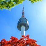 Seoul Tower And Red Autumn Maple Leaves At Namsan Mountain In South Korea Stock Photo