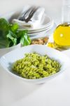 Italian Fusilli Pasta And Pesto Stock Photo