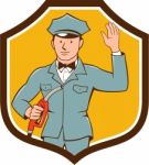 Gas Jockey Attendant Waving Shield Cartoon Stock Photo