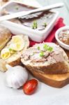 Goose Liver And Sauternes Pate With Chutney, Physalis, Sliced Br Stock Photo