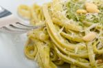 Italian Traditional Basil Pesto Pasta Ingredients Stock Photo