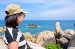 Woman Tourist On Viewpoint At Koh Samui Stock Photo