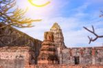 Old Ancient Pagoda In Lopburi Thailand, With Old Exterior Brick Wall Background Vintage Style Grung Texture Stock Photo