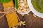 Italian Traditional Basil Pesto Pasta Ingredients Stock Photo