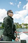 Man Boating In Lugano Lake Stock Photo