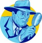 Detective Holding Magnifying Glass Circle Drawing Stock Photo