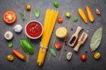 Italian Food And Menu Concept. Spaghetti With Ingredients Sweet Stock Photo