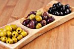 Variety Of Green, Black And Mixed Marinated Olives Stock Photo