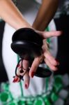 Hands Detail Of Flamenco Dancer In Beautiful Dress On Black Back Stock Photo