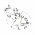 Farrier Wielding Hammer Oval Doodle Art Stock Photo