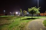 Night Public Park In The City With Houses Near Stock Photo