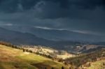 Spring Rain In Mountains. Thunder And Clouds Stock Photo