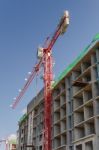 Red Tower Crane In Construction Site Stock Photo