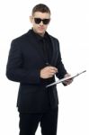 Security Officer holding Clipboard Stock Photo