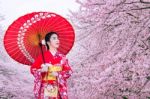 Asian Woman Wearing Japanese Traditional Kimono And Cherry Blossom In Spring, Japan Stock Photo