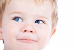 Toddler Blond And Blue Eyes Boy Child With Various Facial Expres Stock Photo