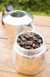 Roasted Coffee Beans In Moka Pot Stock Photo