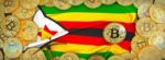 Bitcoins Gold Around Zimbabwe  Flag And Pickaxe On The Left.3d I Stock Photo