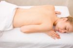 Topless Young Woman Lying Massage Table Stock Photo