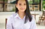 Portrait Of Thai High School Student Uniform Teen Beautiful Girl Happy And Relax, Stock Photo