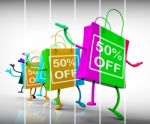 Fifty-percent Off Shopping Bags Show Sales, Bargains, And Discou Stock Photo