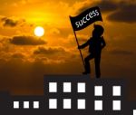 Concept Skyline ,man With Success Flag Standing On The Top Of Bu Stock Photo