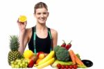 The Beautiful Girl With Fruits And Vegetables Stock Photo