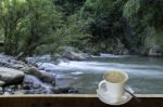 Isolated Hot Coffee Put A Glass Of White With A Casual Break From Work  Background Waterfall With Clipping Path Stock Photo