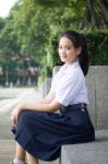 Portrait Of Thai High School Student Uniform Teen Beautiful Girl Happy And Relax, Stock Photo