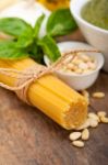 Italian Traditional Basil Pesto Pasta Ingredients Stock Photo