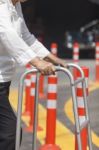 Senior Woman Using A Walker Cross Street Stock Photo