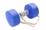 Blue Plastic Dumbbell With Tapeline On White Background Stock Photo