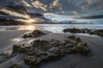 Spectacular Sunset On The Beach Of Arnao, Asturias, Spain, Stock Photo