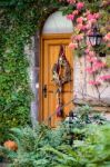 Restaurant Door In The Castle Gardens In Rothenburg Stock Photo