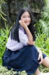 Portrait Of Thai High School Student Uniform Teen Beautiful Girl Happy And Relax, Stock Photo