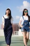 Two Asia Thai High School Student Best Friends Beautiful Girl Smile And Funny Stock Photo