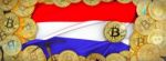 Bitcoins Gold Around Netherlands  Flag And Pickaxe On The Left.3 Stock Photo