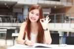 Portrait Of Thai Adult Beautiful Girl Relax And Smile Stock Photo