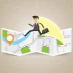 Cartoon Businessman Travel Over Map To Destination Stock Photo