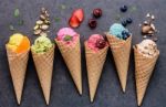 Various Of Ice Cream Flavor In Cones Blueberry ,strawberry ,pist Stock Photo