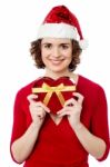 Smiling Female Posing With Christmas Gift Stock Photo