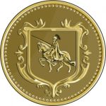 Knight Riding Steed Lance Coat Of Arms Medallion Retro Stock Photo