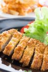 Deep Fried Breaded Pork Rice With Salad Stock Photo