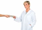 Doctor Woman Receiving Money From A Person Stock Photo