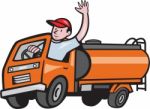 4 Wheeler Tanker Truck Driver Waving Cartoon Stock Photo