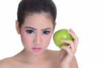 Pretty Girl With Gree Apple Stock Photo