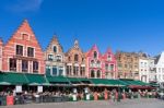 Historic Gabled Buildings And Cafes In Market Square Bruges West Stock Photo