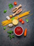 Italian Food And Menu Concept. Spaghetti With Ingredients Sweet Stock Photo